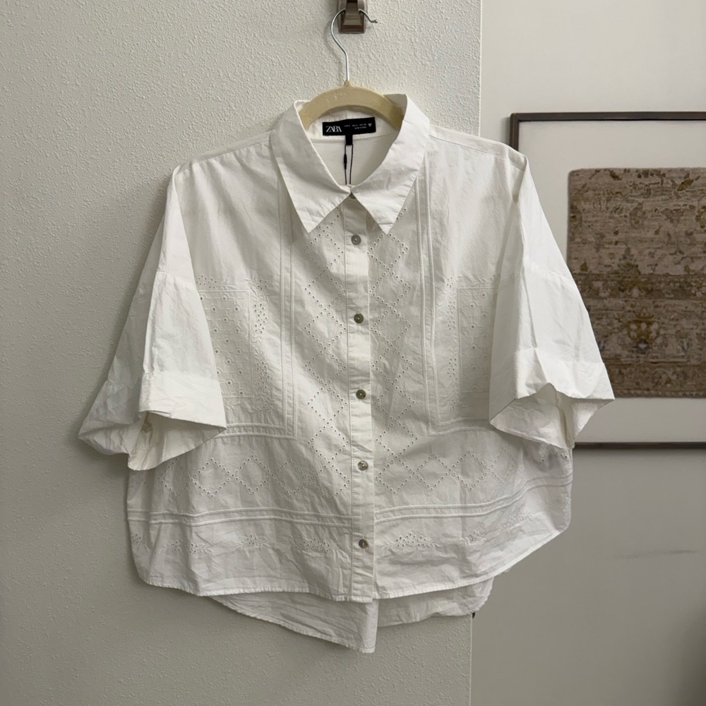 Zara Cream Eyelet Button-Up Blouse